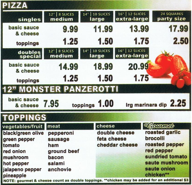 2012 pizza menu